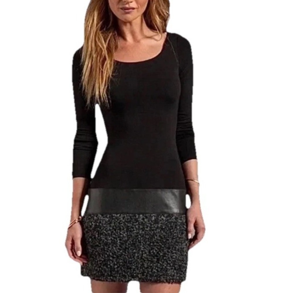 Bailey 44 Black Faux Leather Hem women's Dress Size M (USA Made)Rayon Blend